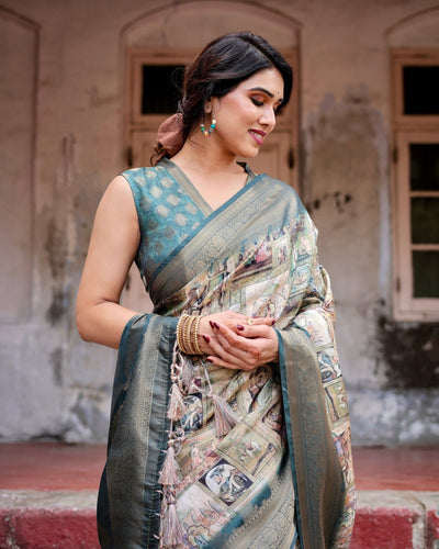 Graceful Teal Banarasi Silk Saree with Digital Vintage Prints and Zari Weaving