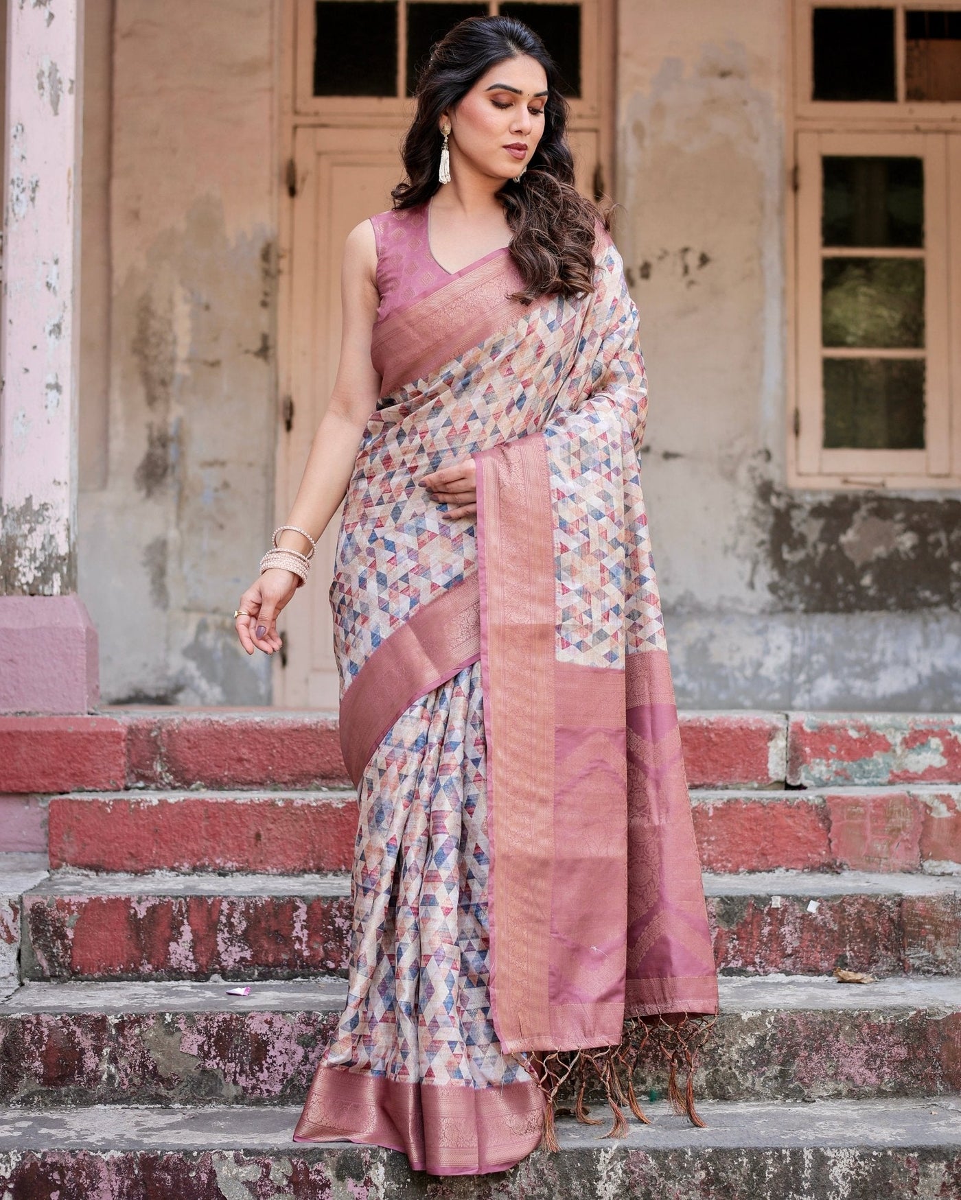 Beige and Pink Geometric Print Banarasi Silk Saree with Zari Weave and Tassel-Embellished Pallu