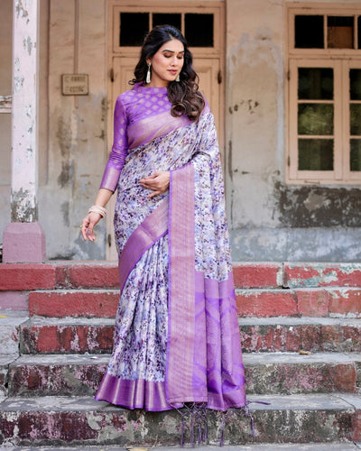 Lavender and White Geometric Floral Digital Print Banarasi Silk Saree with Zari Weave and Tassel-Embellished Pallu