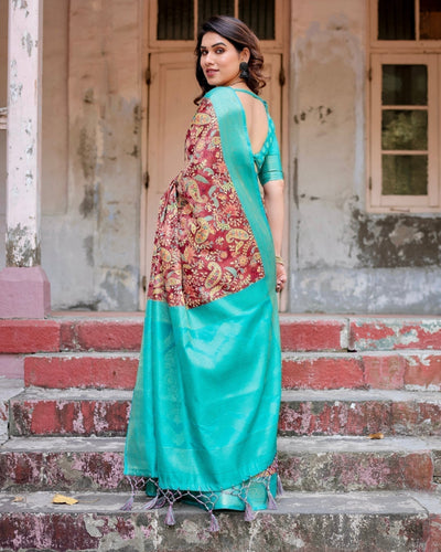 Maroon and Teal Paisley Design Banarasi Silk Saree with Zari Weave and Tassel-Embellished Pallu