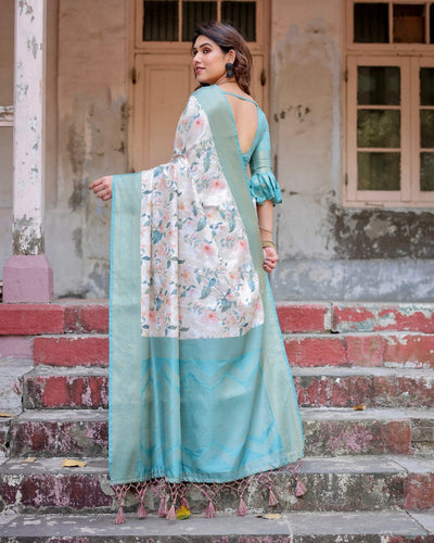 White and Aqua Floral Digital Print Banarasi Silk Saree with Zari Weave and Tassel-Adorned Pallu