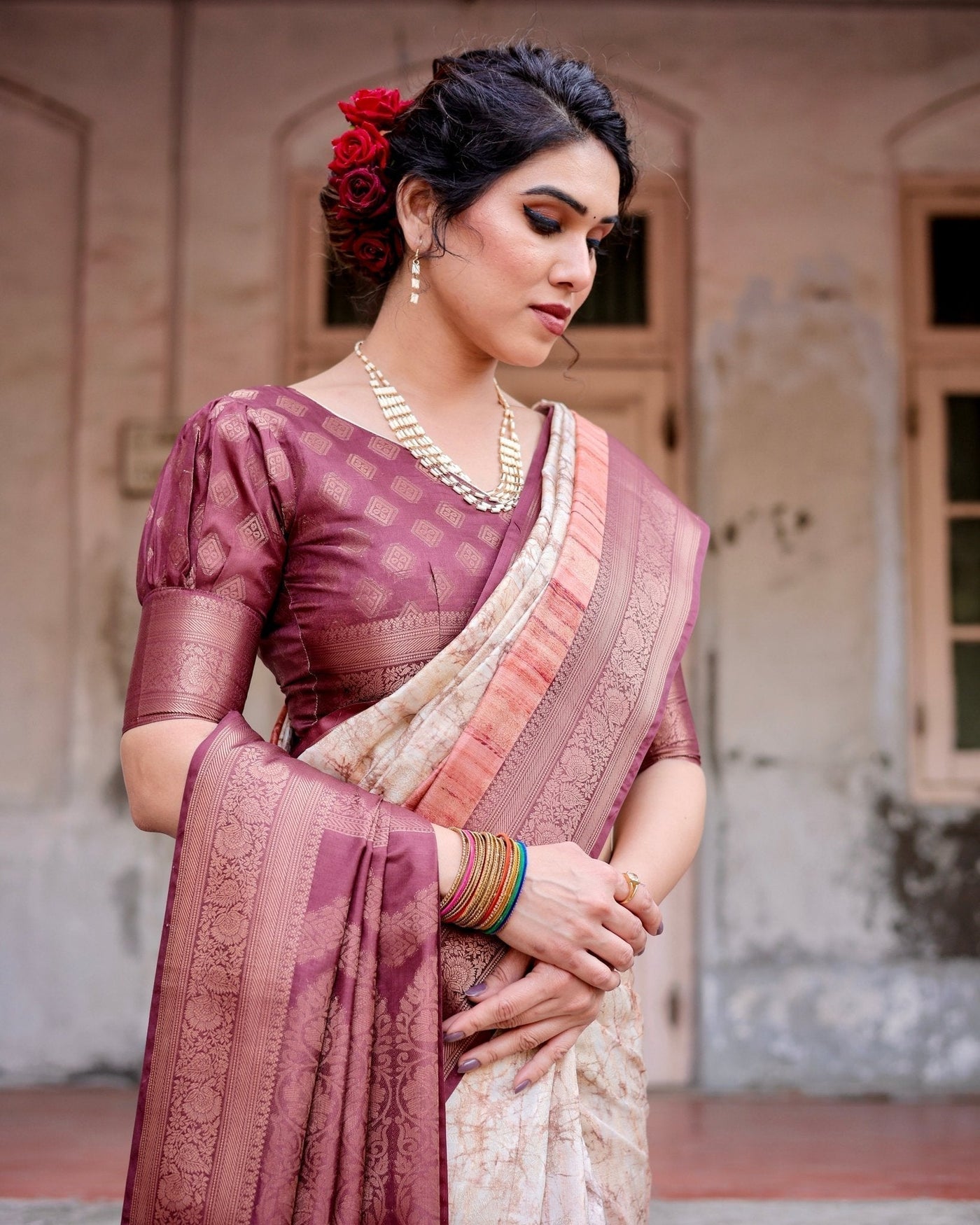Marble-Print Banarasi Silk Saree in Deep Maroon with Zari Weaving and Tassels