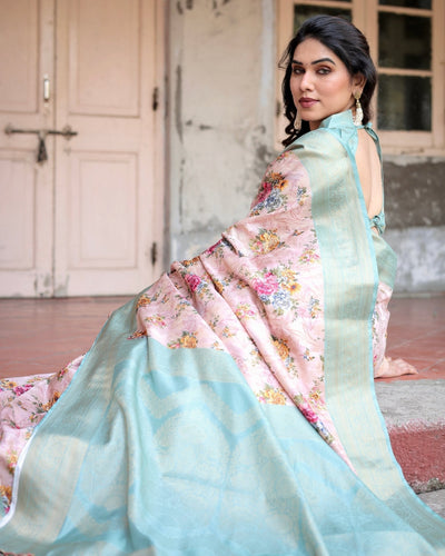 Pink and Green Floral Digital Print Banarasi Silk Saree with Zari Weave and Tassel Pallu