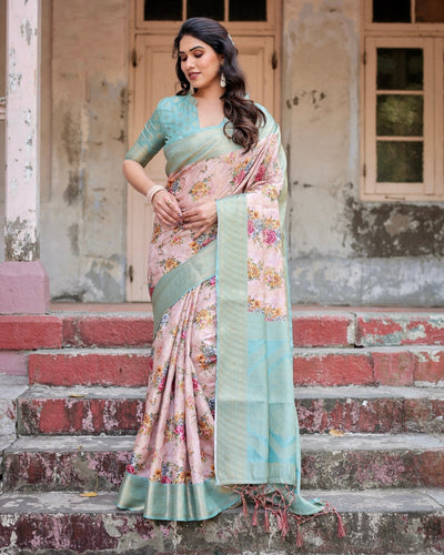 Pink and Green Floral Digital Print Banarasi Silk Saree with Zari Weave and Tassel Pallu