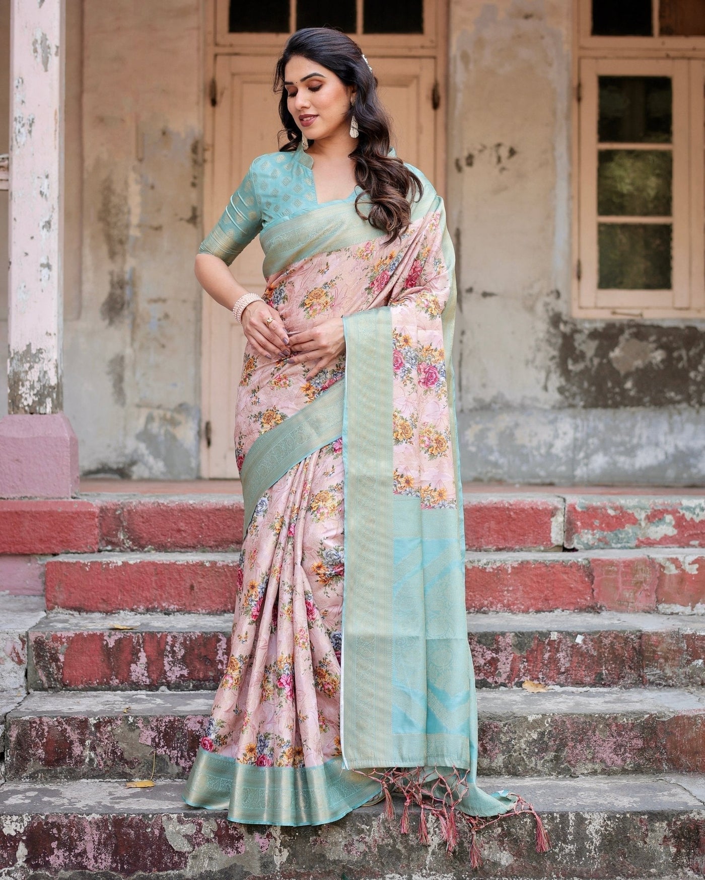 Pink and Green Floral Digital Print Banarasi Silk Saree with Zari Weave and Tassel Pallu