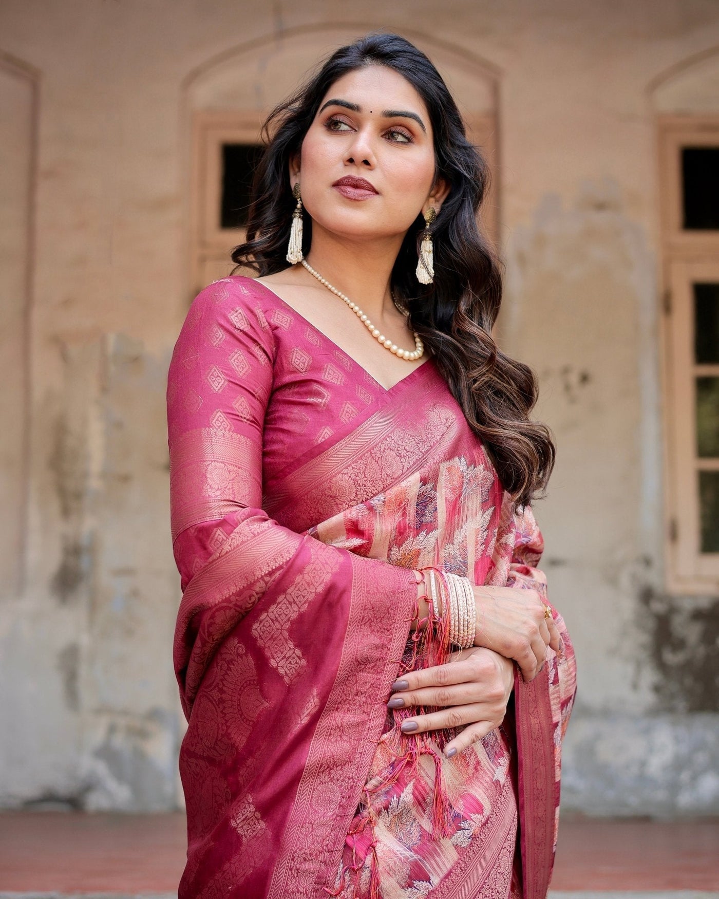 Pink and Maroon Abstract Digital Print Banarasi Silk Saree with Zari Weave and Tassel-Embellished Pallu