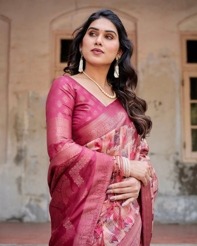 Pink and Maroon Abstract Digital Print Banarasi Silk Saree with Zari Weave and Tassel-Embellished Pallu