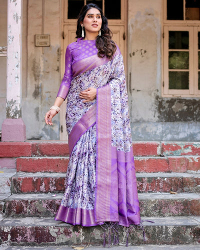 Lavender and White Geometric Floral Digital Print Banarasi Silk Saree with Zari Weave and Tassel-Embellished Pallu