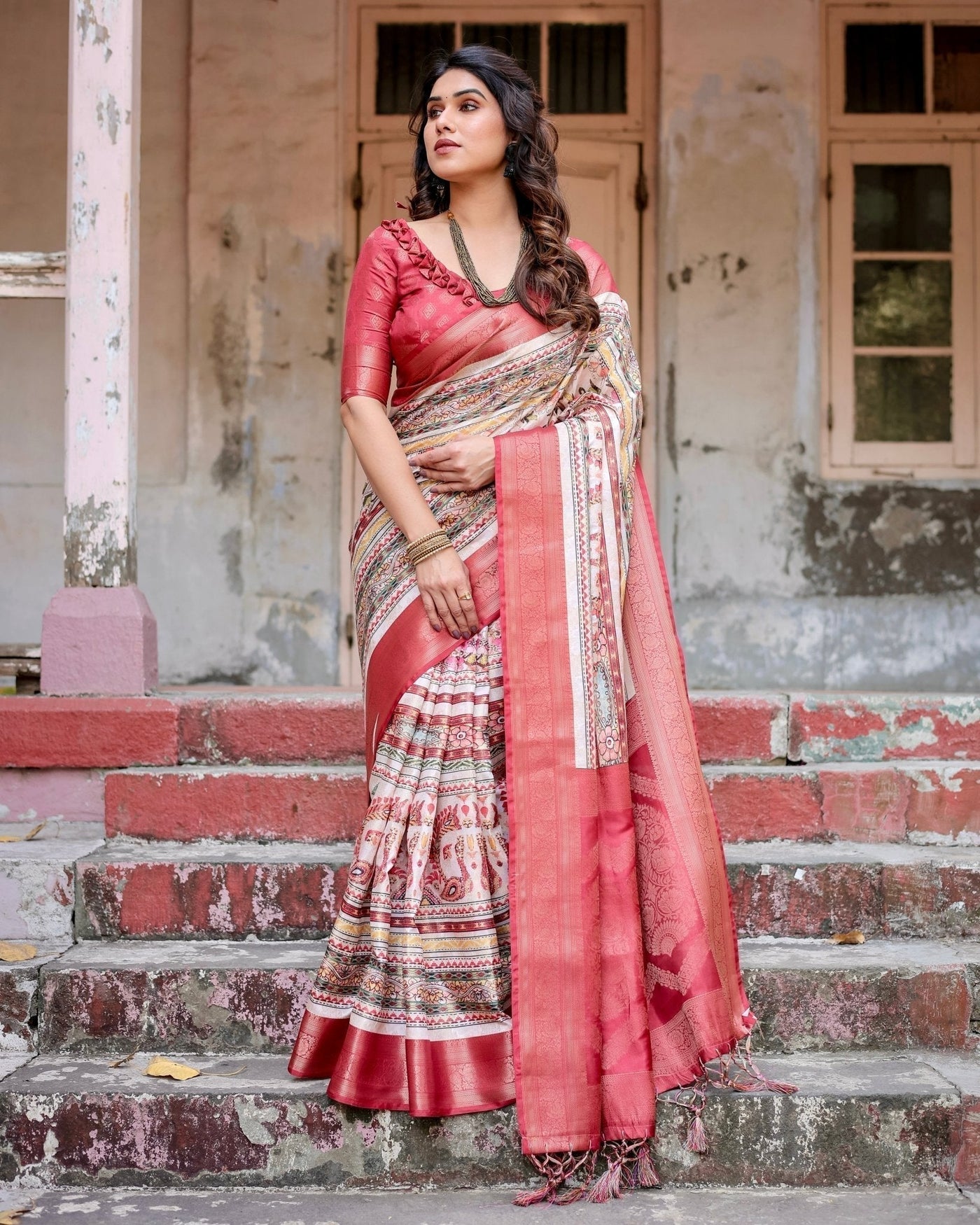 Red and Multicolor Digital Print Banarasi Silk Saree with Zari Weave and Tassel-Adorned Pallu
