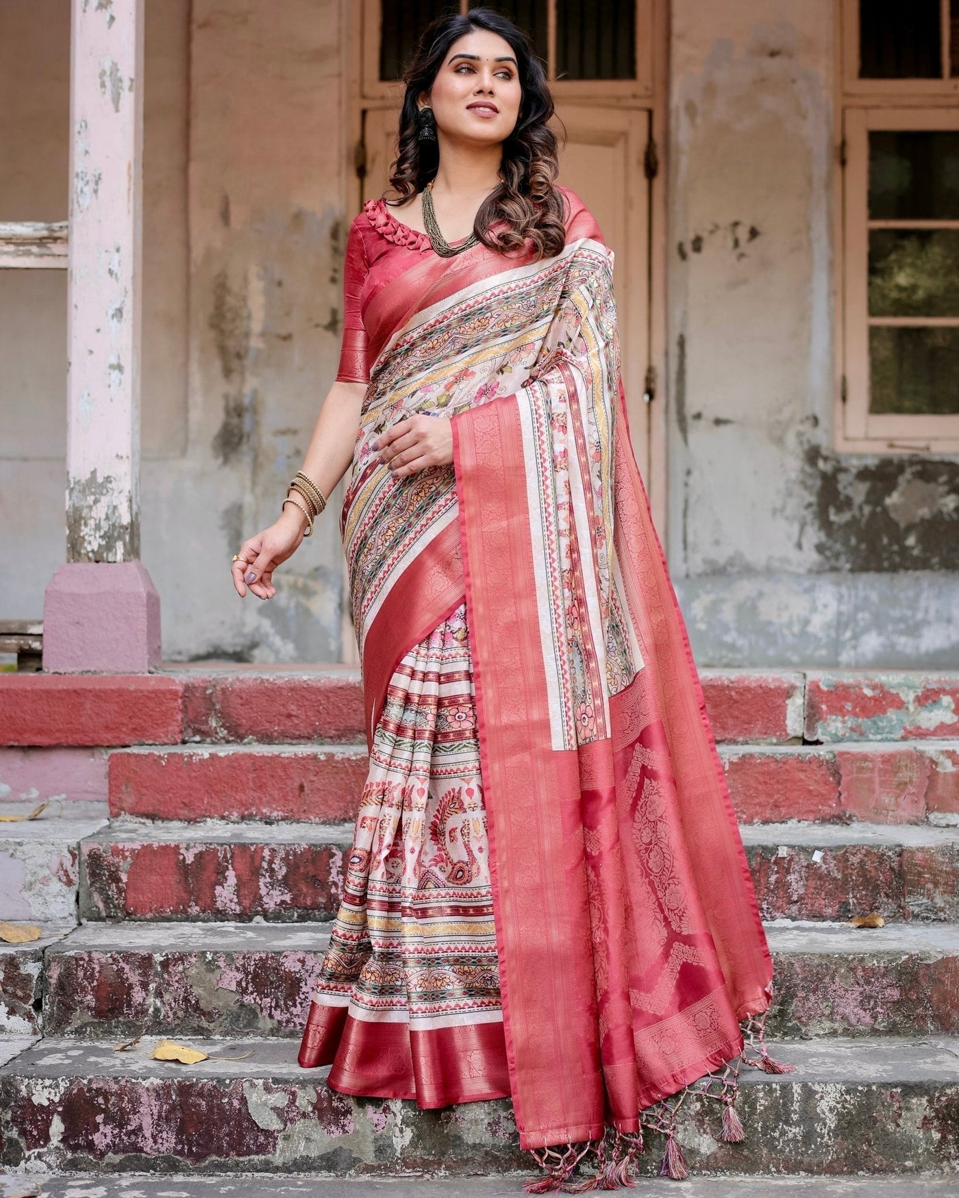 Red and Multicolor Digital Print Banarasi Silk Saree with Zari Weave and Tassel-Adorned Pallu