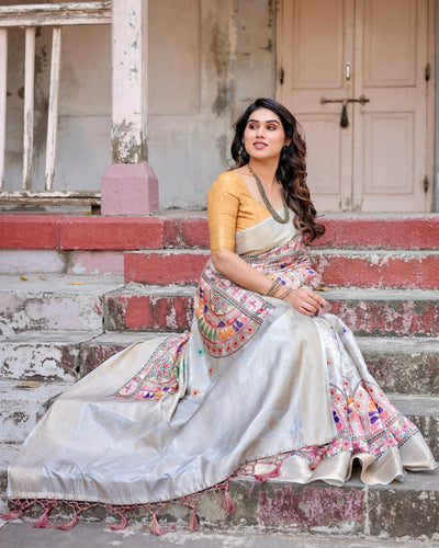 Off-White and Multicolor Mandala Design Banarasi Silk Saree with Zari Weave and Tassel-Adorned Pallu