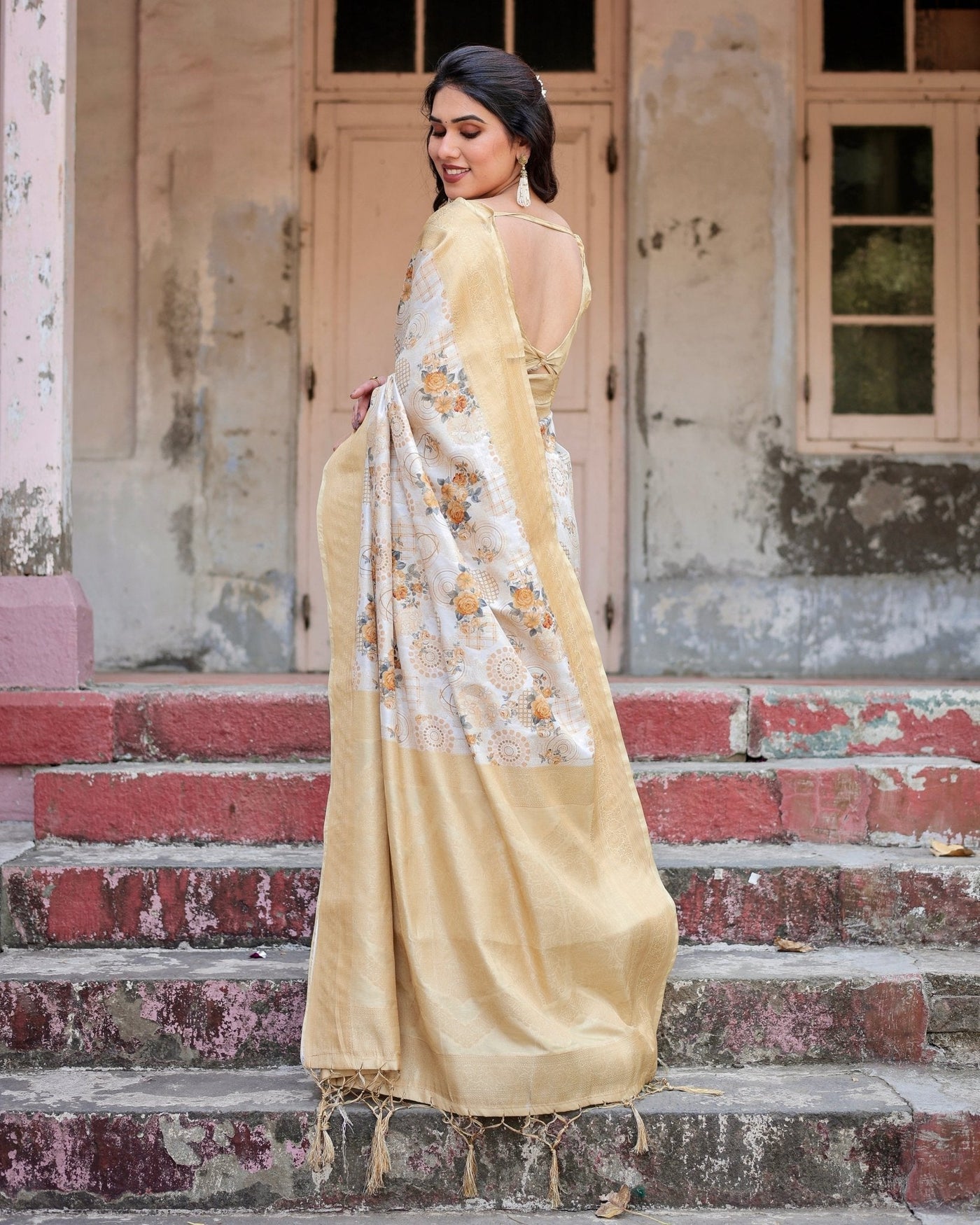Ivory and Gold Banarasi Silk Saree with Floral Print, Zari Border, and Tassels