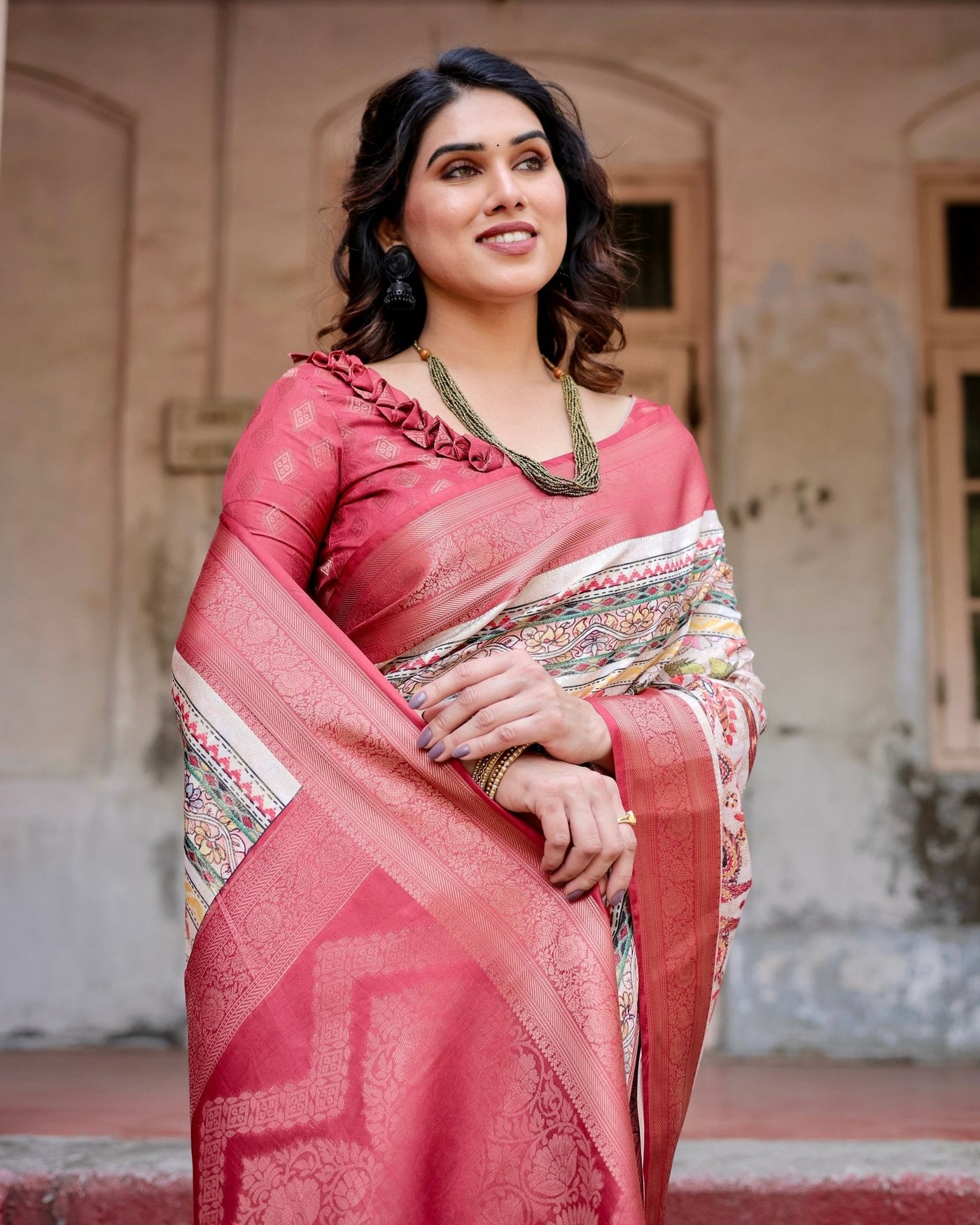 Red and Multicolor Digital Print Banarasi Silk Saree with Zari Weave and Tassel-Adorned Pallu
