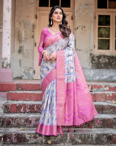 White and Pink Floral Digital Print Banarasi Silk Saree with Zari Weave and Tassel-Embellished Pallu