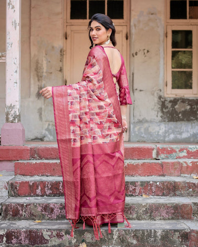 Pink and Maroon Abstract Digital Print Banarasi Silk Saree with Zari Weave and Tassel-Embellished Pallu