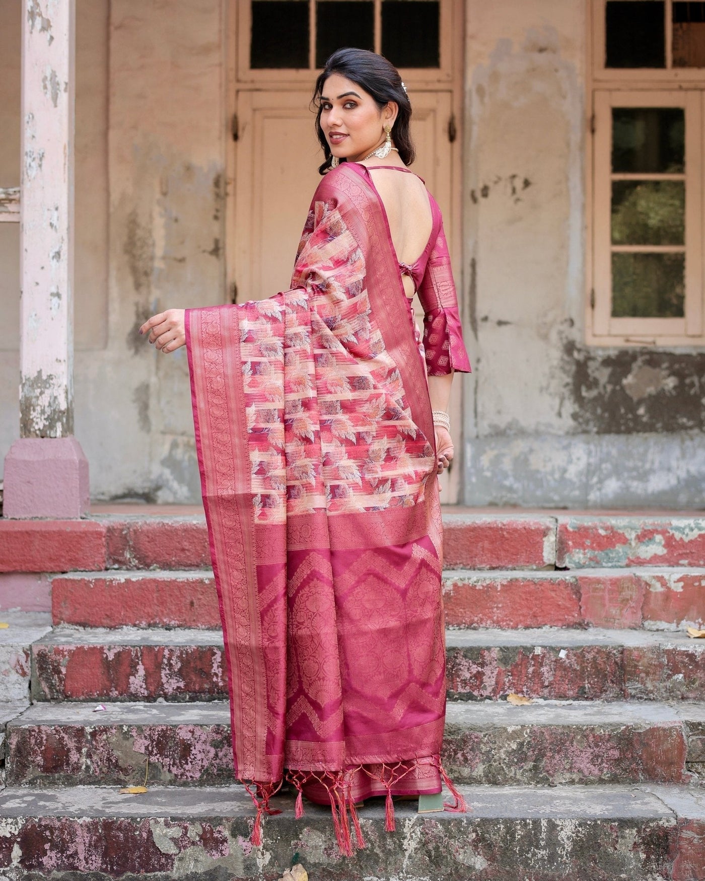 Pink and Maroon Abstract Digital Print Banarasi Silk Saree with Zari Weave and Tassel-Embellished Pallu
