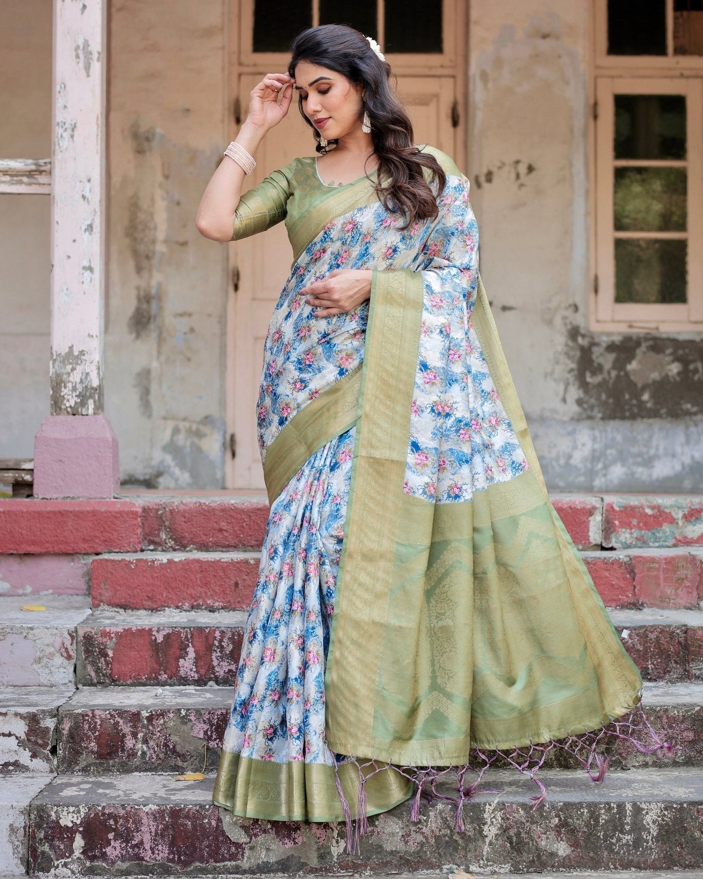 Blue and Green Floral Digital Print Banarasi Silk Saree with Zari Weave and Tassel-Embellished Pallu