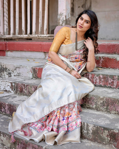 Off-White and Multicolor Mandala Design Banarasi Silk Saree with Zari Weave and Tassel-Adorned Pallu