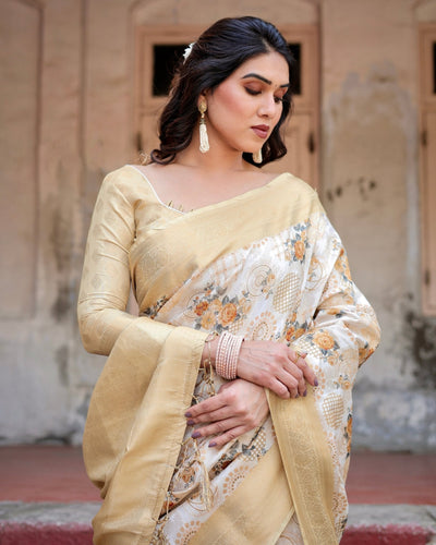 Ivory and Gold Banarasi Silk Saree with Floral Print, Zari Border, and Tassels