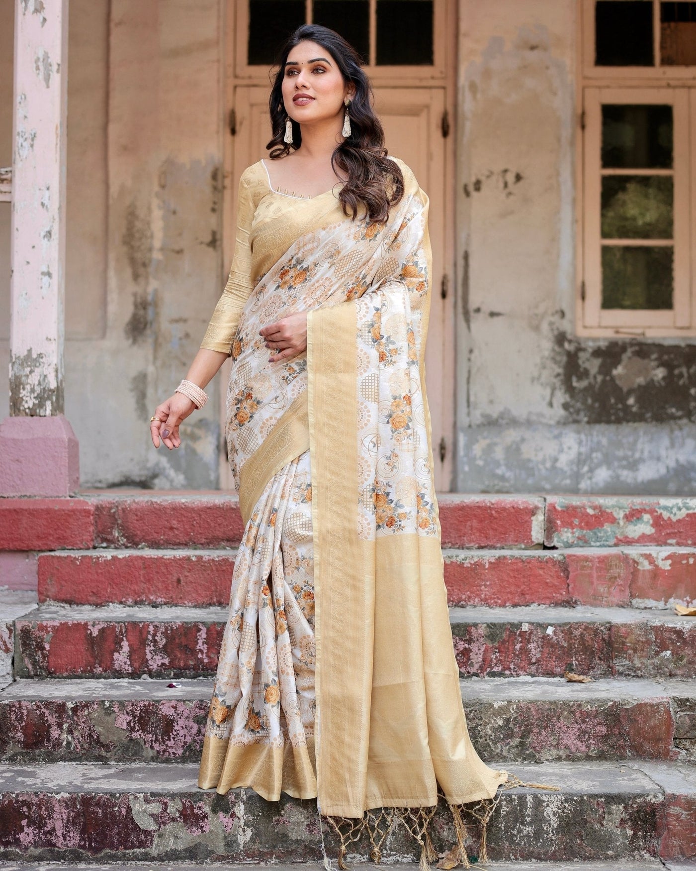 Ivory and Gold Banarasi Silk Saree with Floral Print, Zari Border, and Tassels