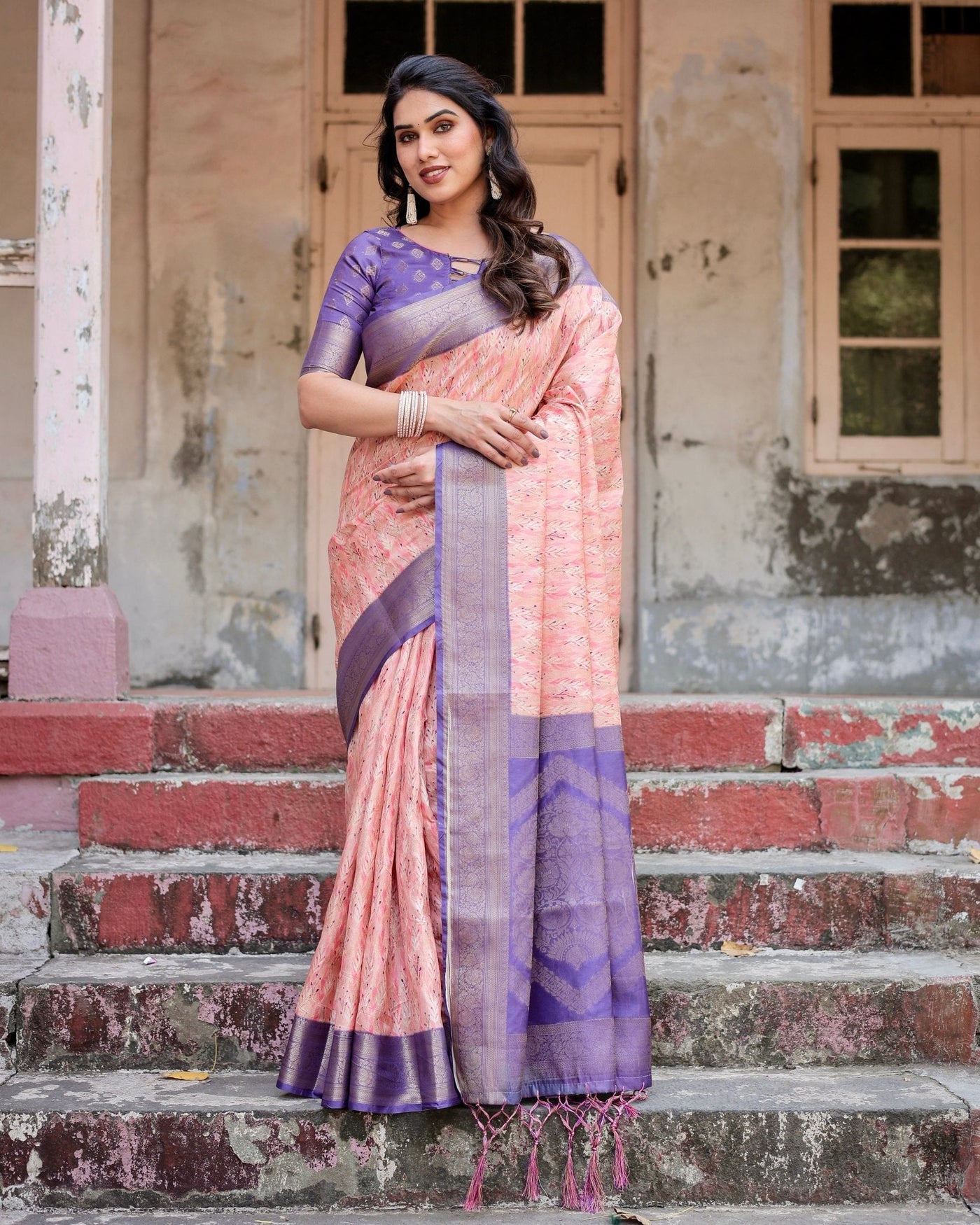 Peach and Purple Floral Digital Print Banarasi Silk Saree with Zari Weave and Tassel-Adorned Pallu