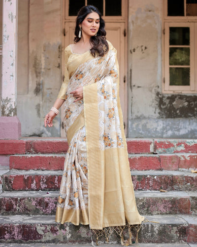 Ivory and Gold Banarasi Silk Saree with Floral Print, Zari Border, and Tassels