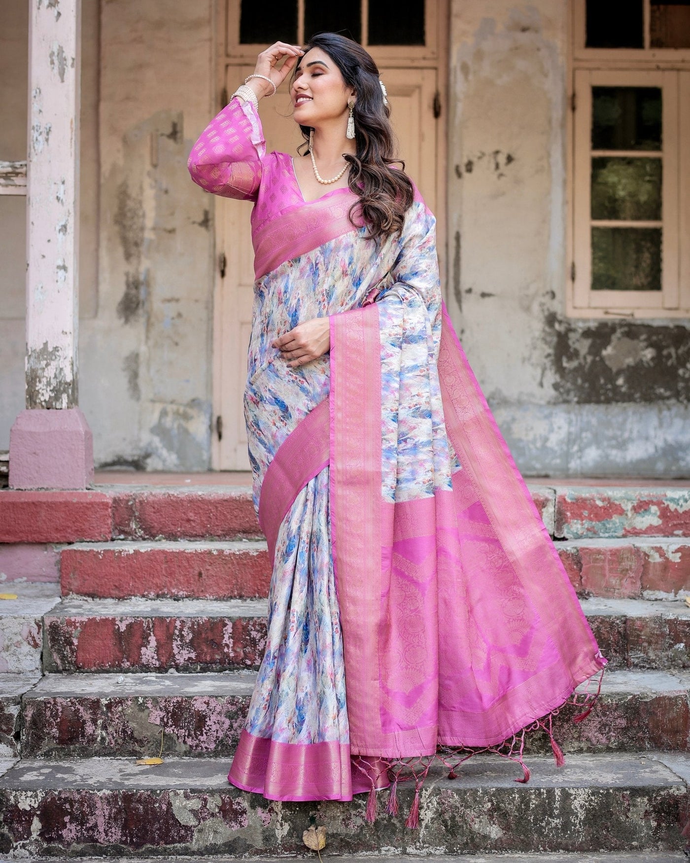 White and Pink Floral Digital Print Banarasi Silk Saree with Zari Weave and Tassel-Embellished Pallu