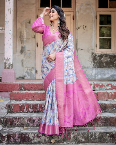 White and Pink Floral Digital Print Banarasi Silk Saree with Zari Weave and Tassel-Embellished Pallu