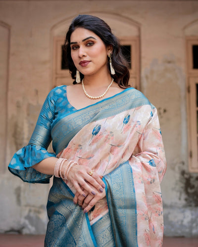 Peach and Teal Floral Digital Print Banarasi Silk Saree with Zari Weave and Tassel-Adorned Pallu