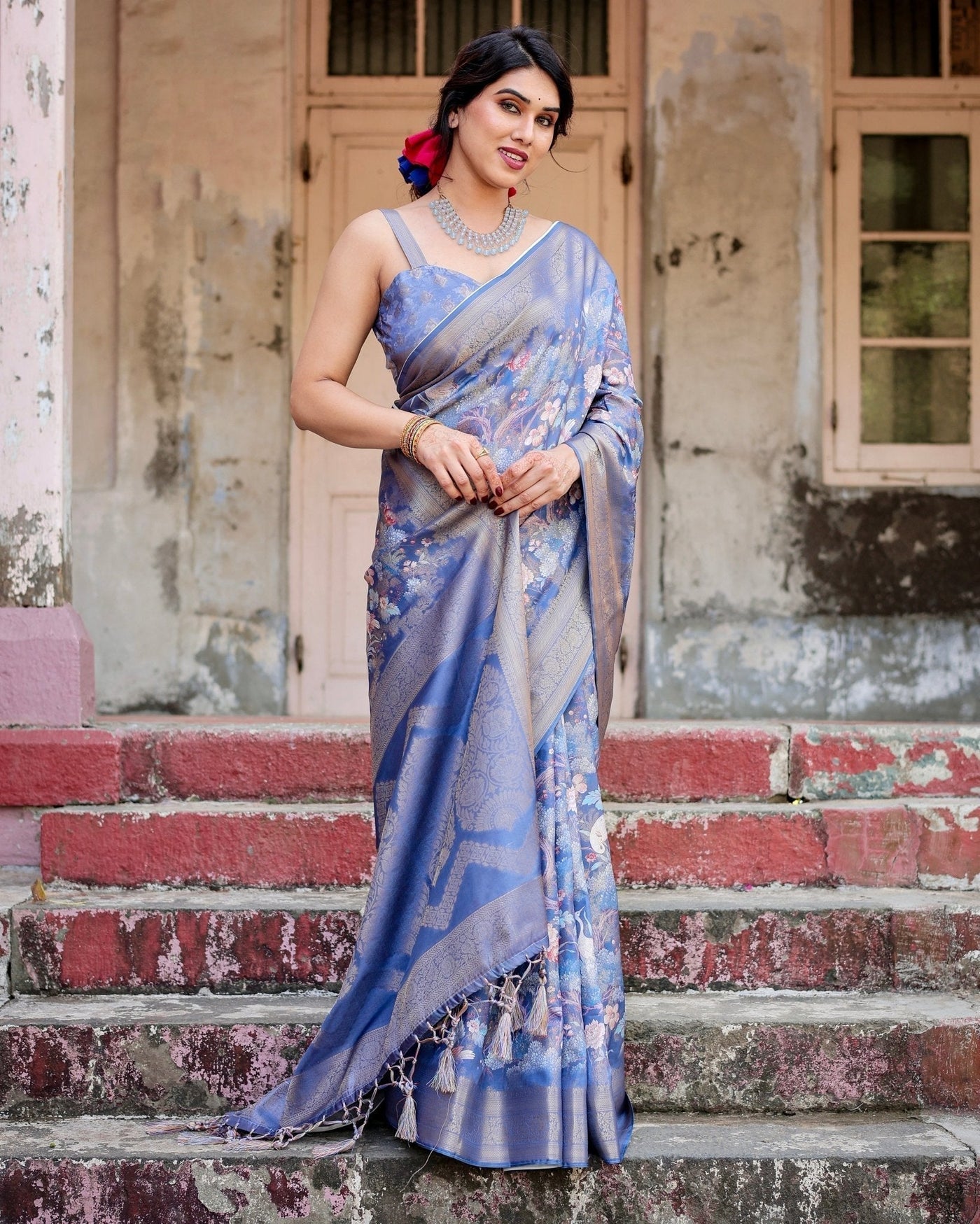 Majestic Blue Banarasi Silk Saree with Delicate Floral Zari Work and Tassel-Embellished Pallu