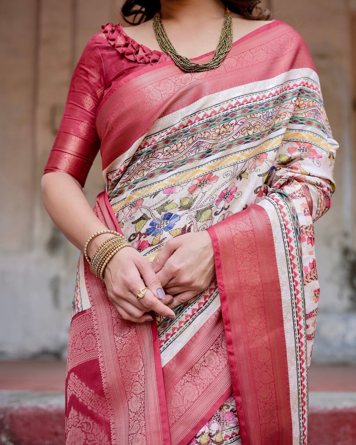 Red and Multicolor Digital Print Banarasi Silk Saree with Zari Weave and Tassel-Adorned Pallu