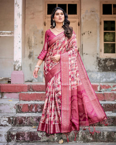 Pink and Maroon Abstract Digital Print Banarasi Silk Saree with Zari Weave and Tassel-Embellished Pallu