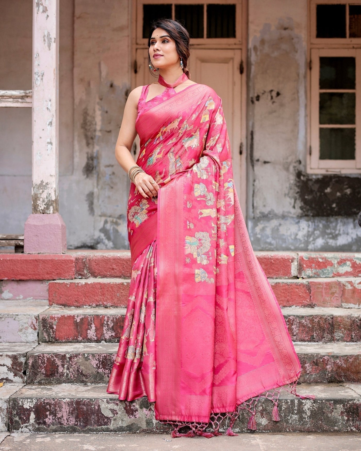 Regal Pink Banarasi Silk Saree with Zari Weave and Intricate Tassels