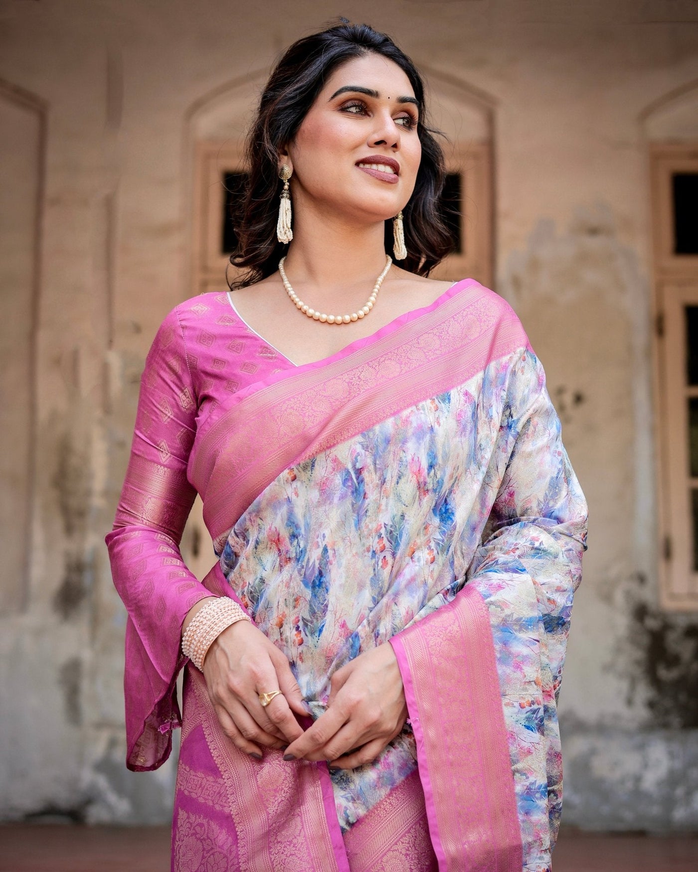 White and Pink Floral Digital Print Banarasi Silk Saree with Zari Weave and Tassel-Embellished Pallu