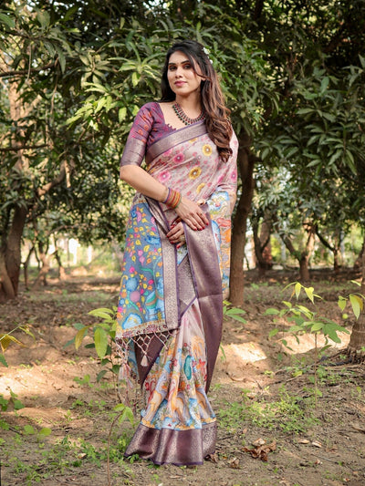 Pastel Beige Tussar Silk Saree with Vibrant Floral Motifs and Zari Border