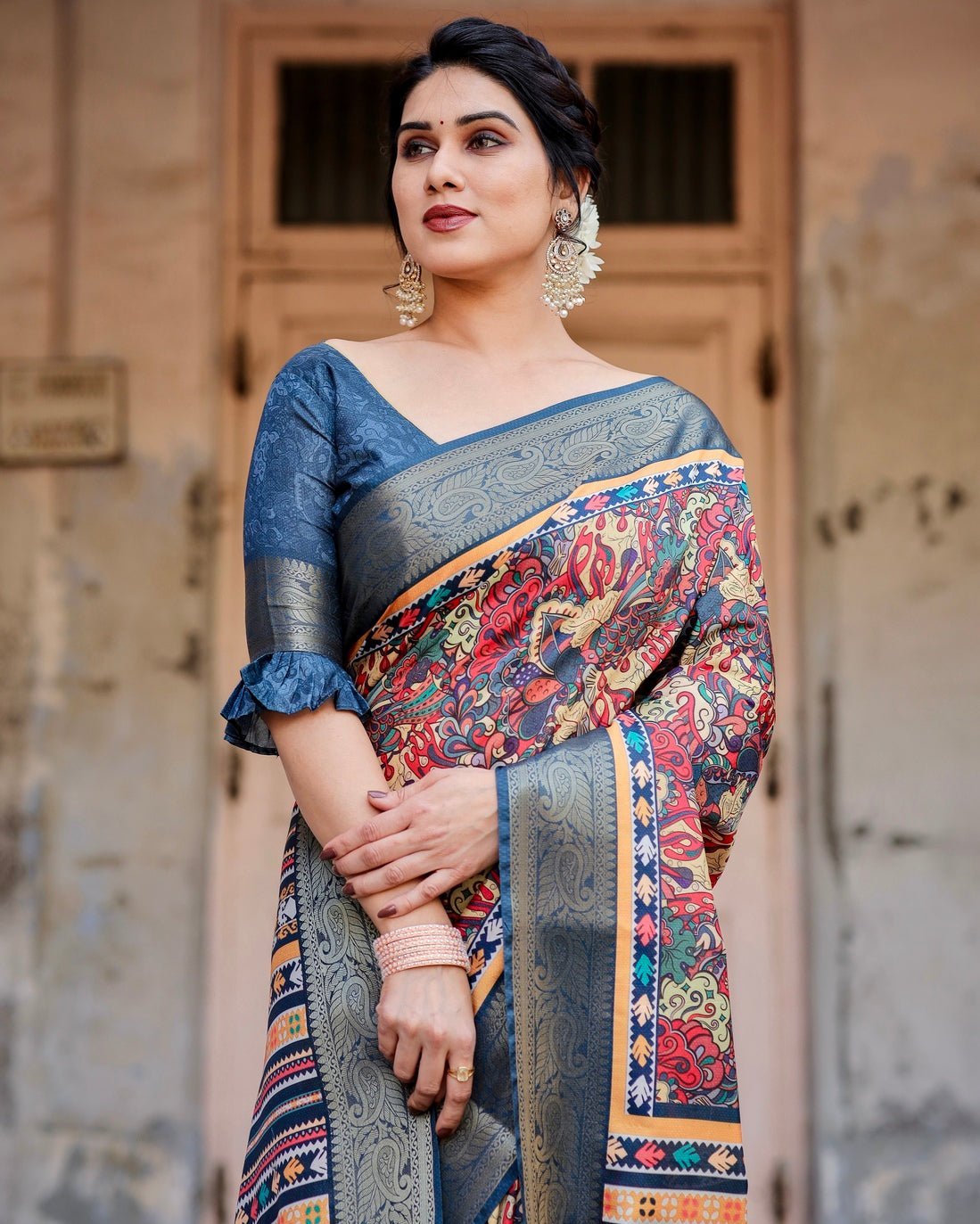 Multicolor Tussar Silk Saree with Vibrant Floral Weaves and Striped Pallu