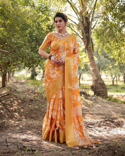 Sunshine Yellow Tussar Silk Saree with White Floral Motifs, Lustrous Zari Border, and Graceful Tassel Pallu