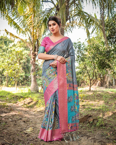 Pastel Grey and Turquoise Digital Print Tussar Silk Saree with Pink Zari Border and Peacock Motif Pallu