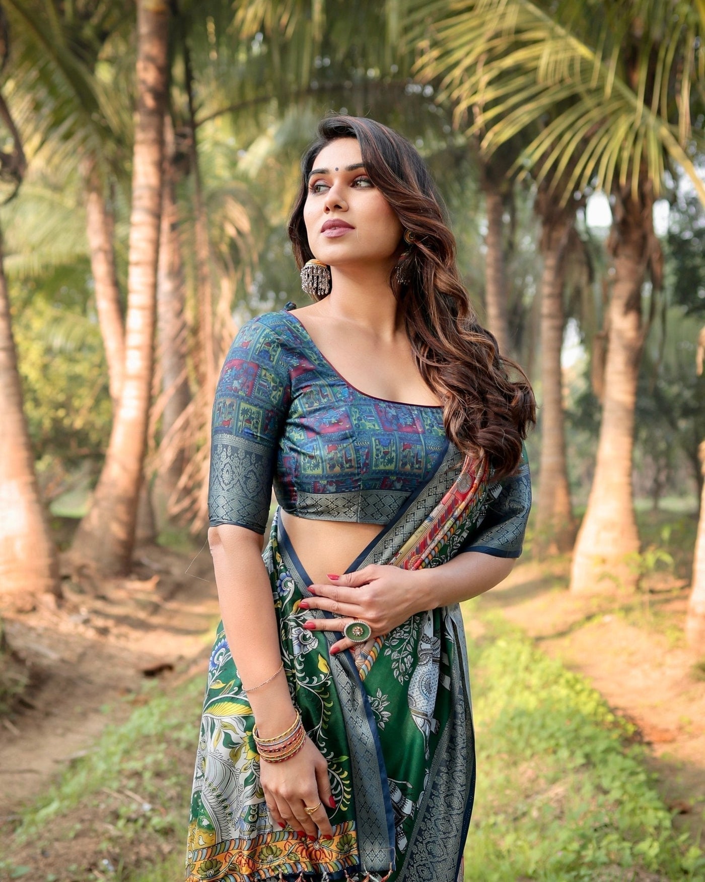 Multicolored Digital Print Tussar Silk Saree with Intricate Zari Border and Elephant Motif Pallu