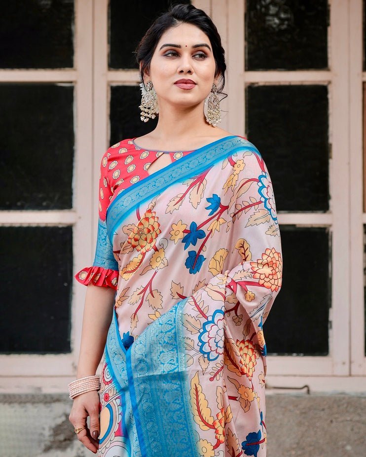 Beige and Red Tussar Silk Saree with Divine Motifs and Floral Zari Border