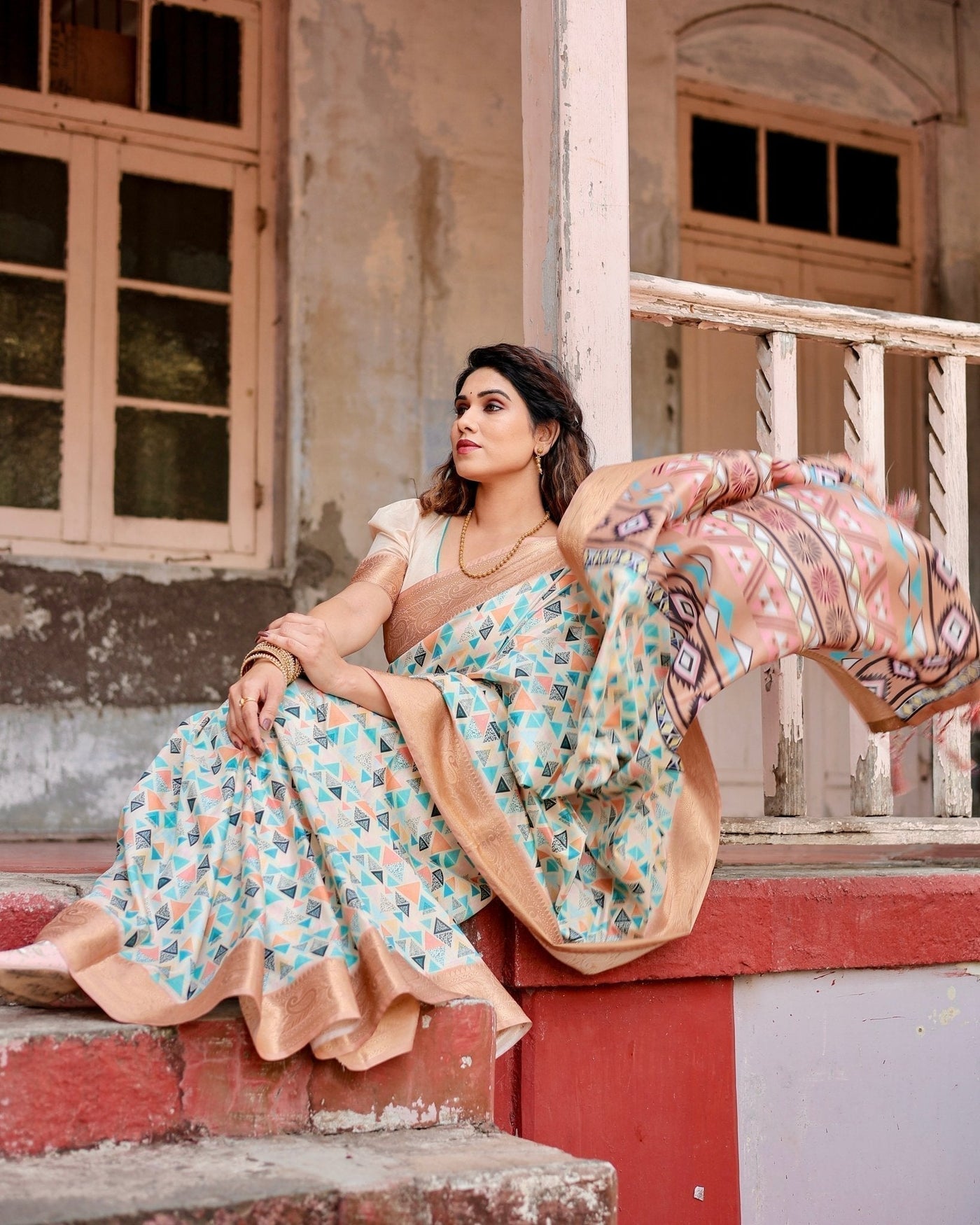 Contemporary Beige Tussar Silk Saree with Geometric Triangle Print and Golden Zari Border