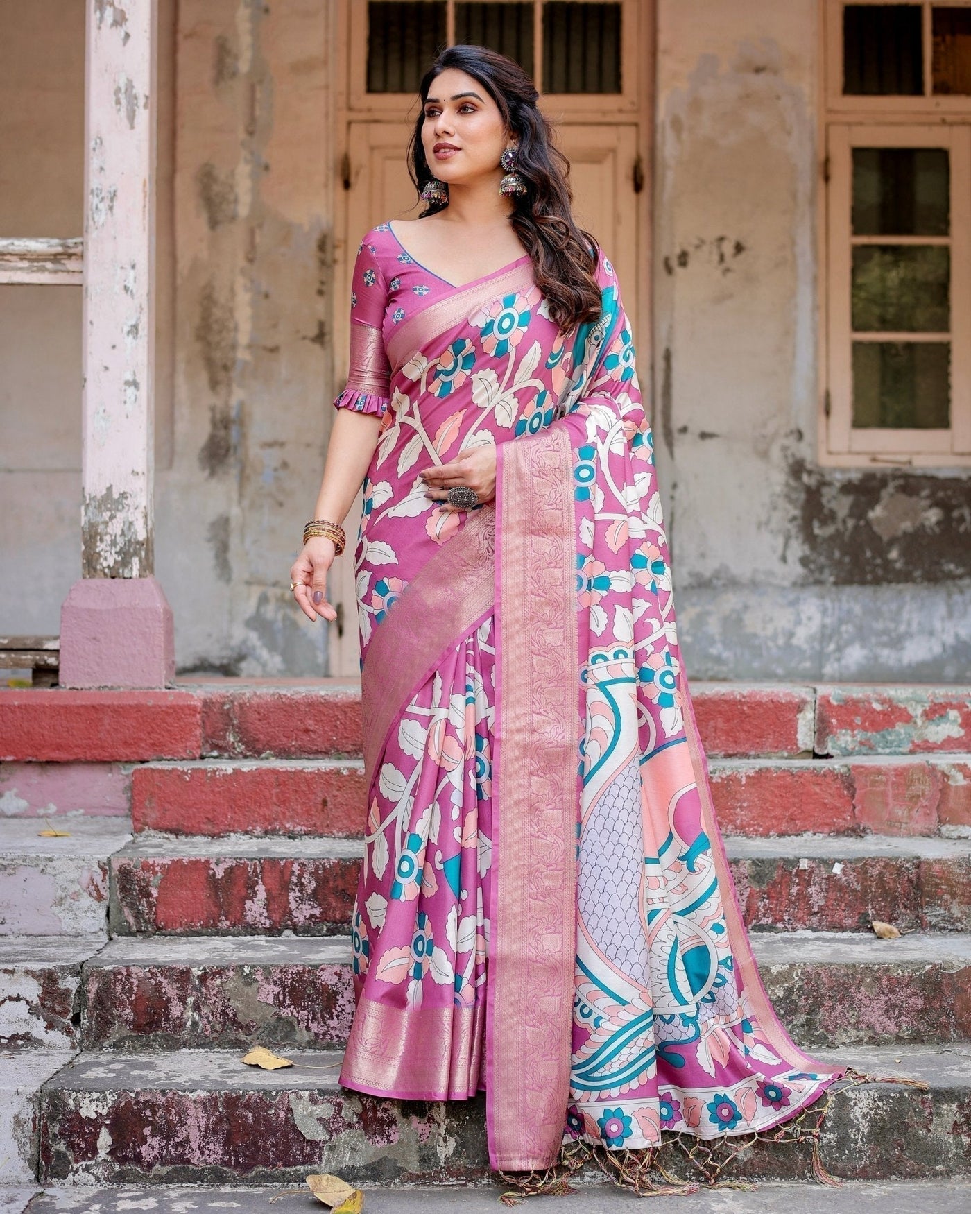 Blush Pink Tussar Silk Saree with Elegant Peacock and Floral Kalamkari Design