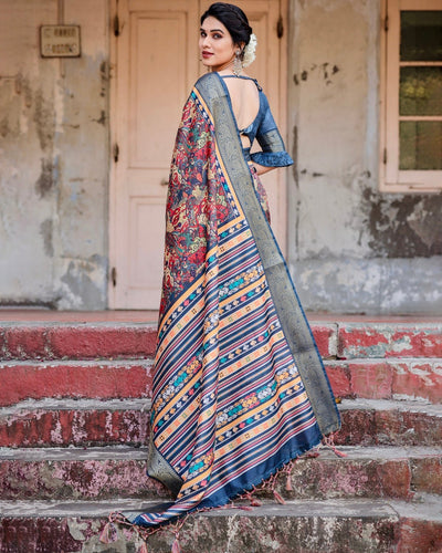 Multicolor Tussar Silk Saree with Vibrant Floral Weaves and Striped Pallu