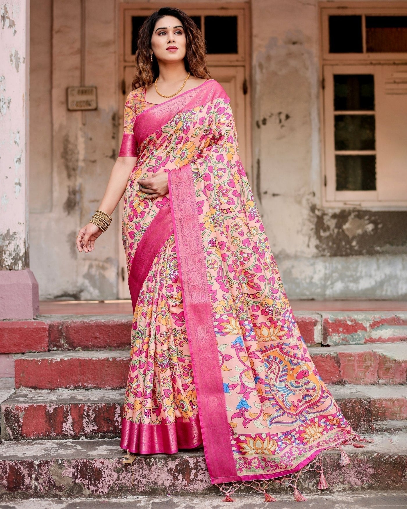 Peach and Fuchsia Floral Digital Print Tussar Silk Saree with Zari Border and Paisley Pallu