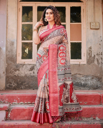 Beige and Red Tussar Silk Saree with Traditional Motifs and Ornamental Zari Border