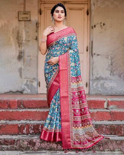 Teal Blue and Coral Tussar Silk Saree with Vibrant Floral Motifs and Ornamental Pallu