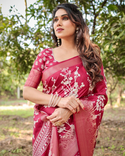 Maroon Tussar Silk Saree with White Floral Motifs, Intricate Zari Border, and Elegant Tassel Pallu