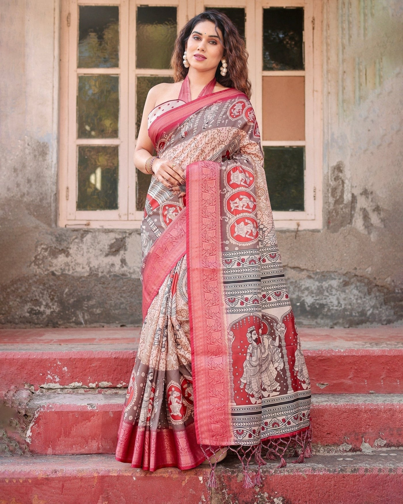 Beige and Red Tussar Silk Saree with Traditional Motifs and Ornamental Zari Border