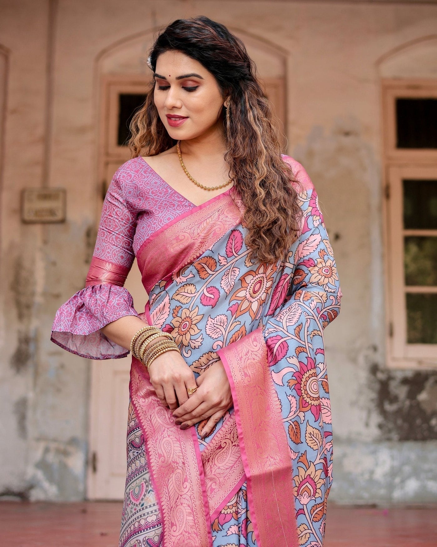 Graceful Grey Tussar Silk Saree with Pink Zari Border and Intricate Floral Motifs