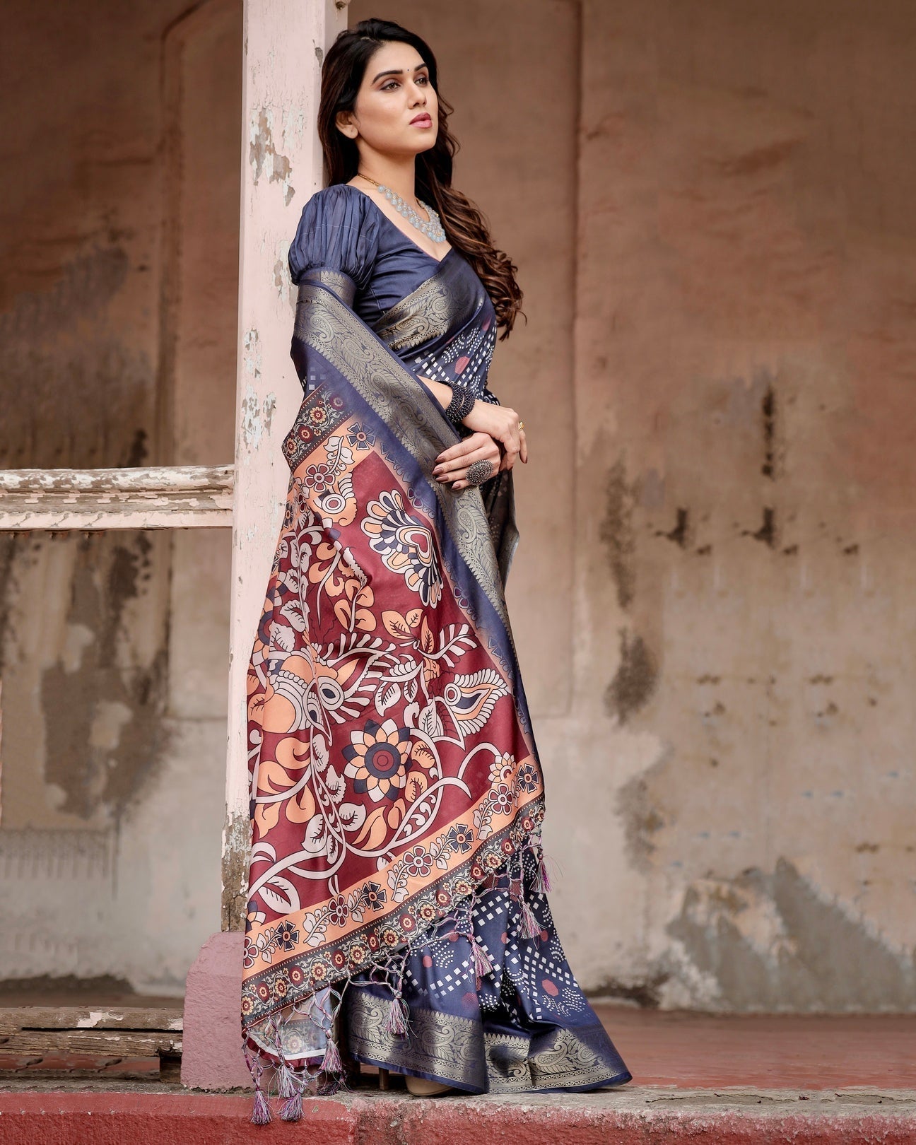 Navy Blue Tussar Silk Saree with Geometric Patterns, Zari Border, and Vibrant Pallu